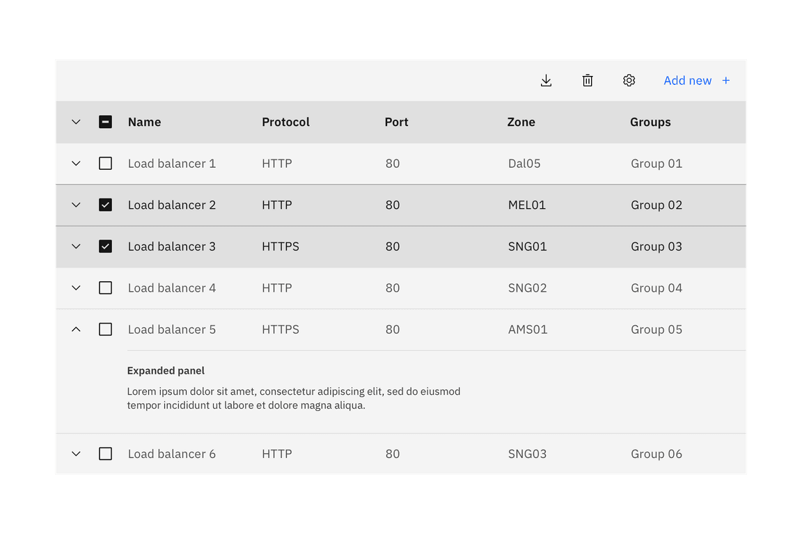 Example of a data table with expansion and selection